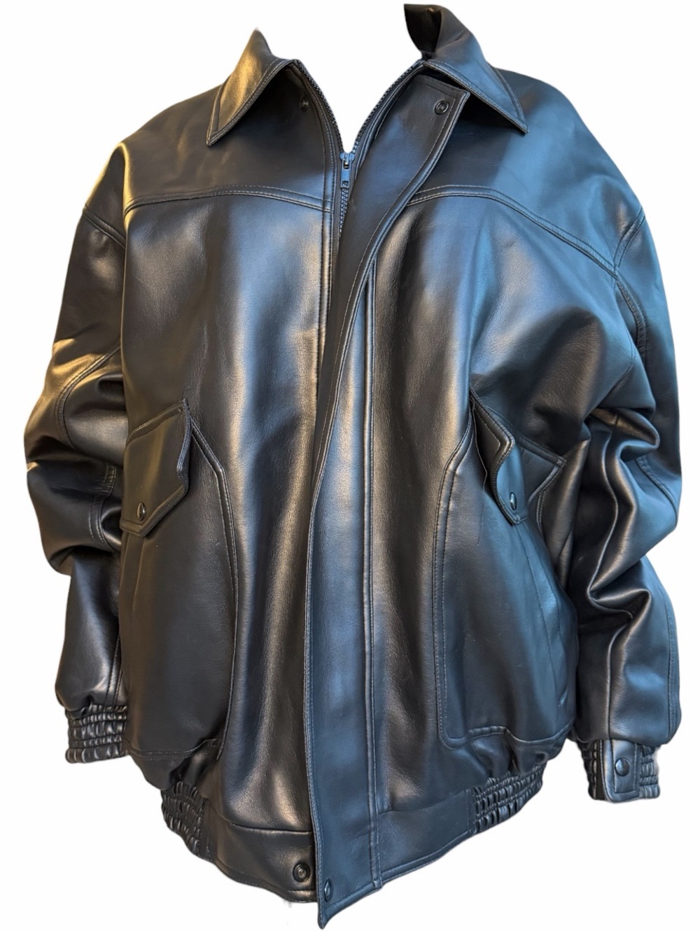 Vintage WFS Black Faux Leather Bomber Jacket Oversized Streetwear Y2K